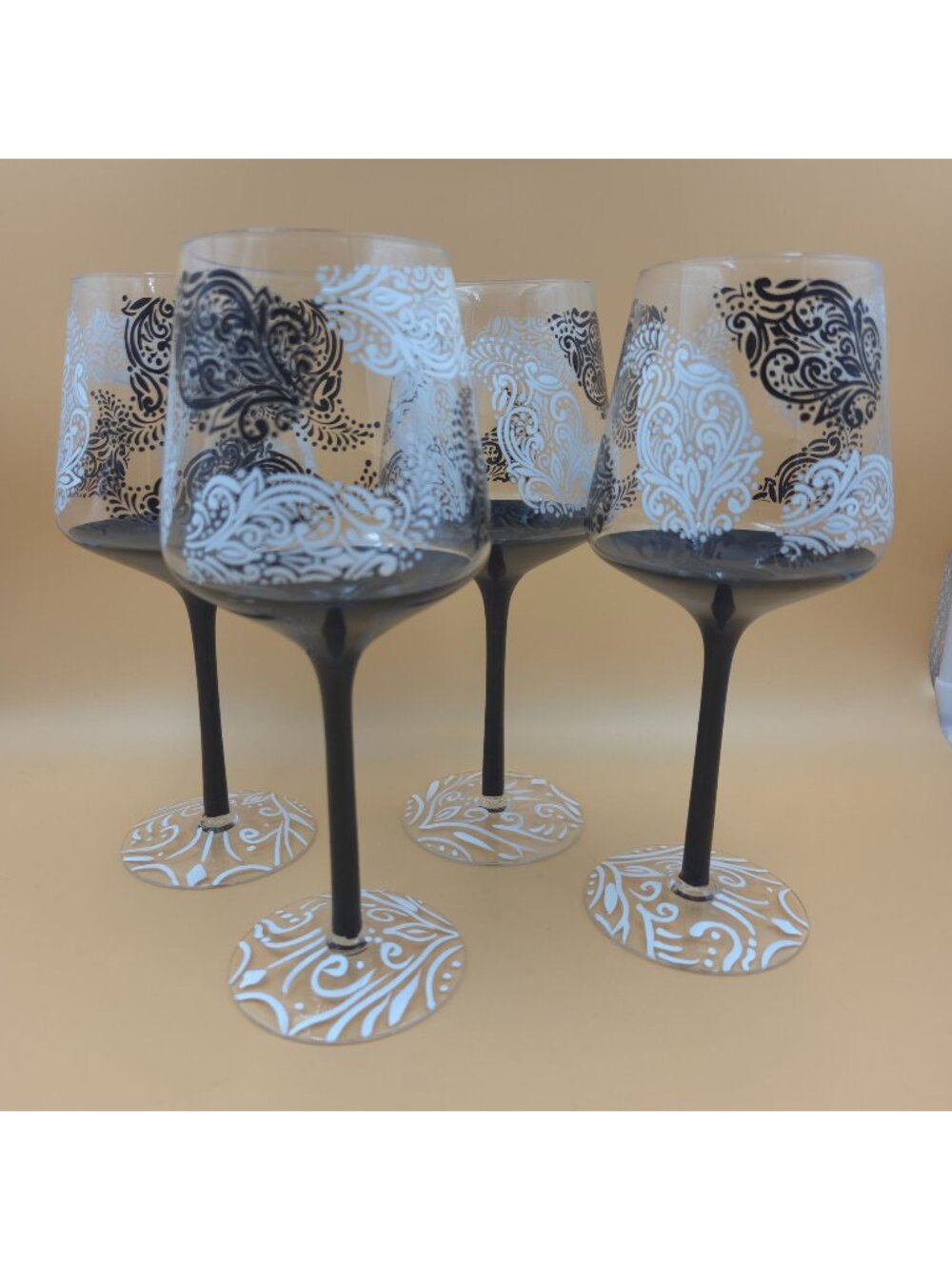 Hand Painted Paisley Wine Glasses Set of 4 Black Stem White Scroll Design